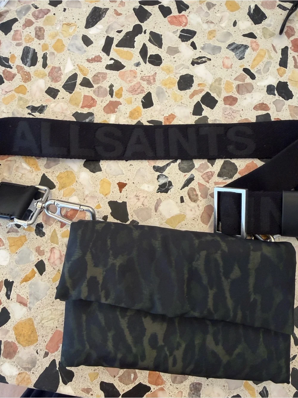 AllSaints Green Camo Crossbody Bag with Black Strap